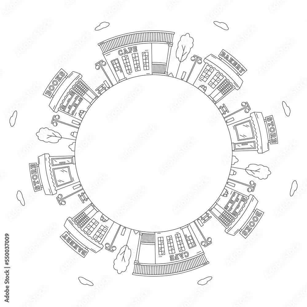 Round frame with a drawing of a city landscape, made in the style of line art. Element for creating a logo or emblem. Editable stroke. Vector illustration.