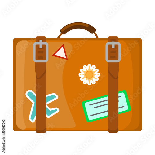 Travel leather suitcase with stickers, stuff for summer beach vacation. Vector illustration of clothes and objects for tourist isolated on white. Tourism concept