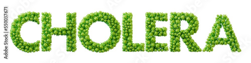 Cholera word made from green bacteria cell molecule font. Health and wellbeing. 3D Rendering photo