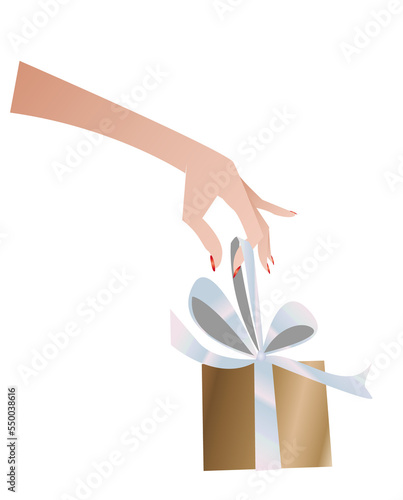 Main de femme qui tient le ruban d'un cadeau sur fond transparent