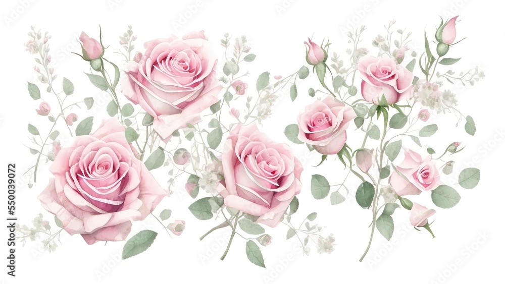Floral illustration in Pastel colors, Bouquet of flowers red rose, Leaf and buds,  leaves on white background.
