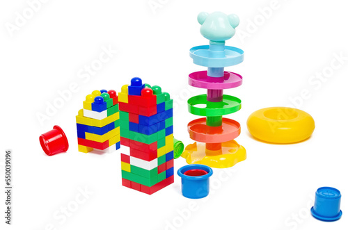 Children toys, multi-colored blockes isolated on white background