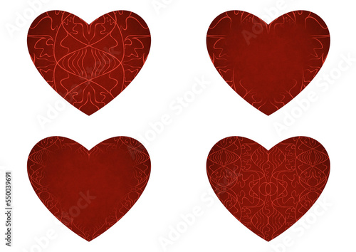 Set of 4 heart shaped valentine's cards. 2 with pattern, 2 with copy space. Deep red background and bright red pattern on it. Cloth texture. Hearts size about 8x7 inch / 21x18 cm (p02-1ab)