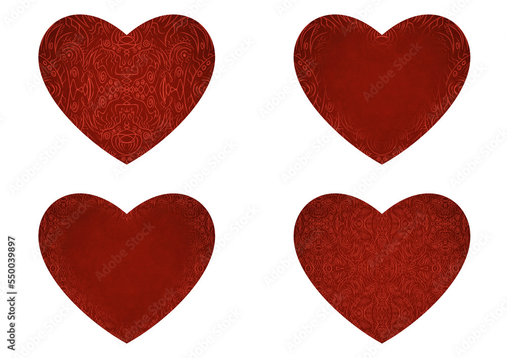 Set of 4 heart shaped valentine's cards. 2 with pattern, 2 with copy space. Deep red background and bright red pattern on it. Cloth texture. Hearts size about 8x7 inch / 21x18 cm (p03ab)