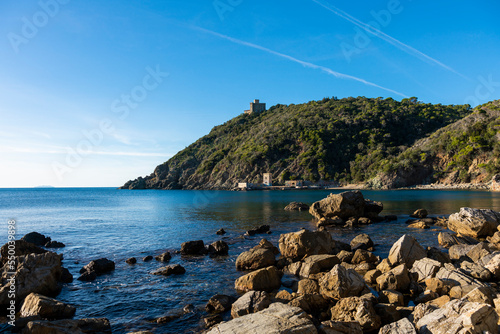 The bay of Quercianella Livorno Italy with a view of the Sidney Sonnino castle photo