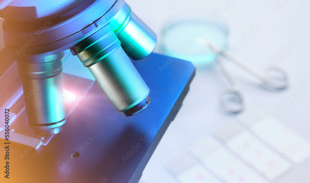 Microscope in research laboratory. Scientific, medical, forensic or