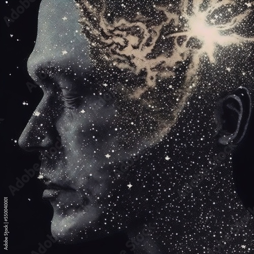 Double exposure surreal image of face and universe. Great for ads, book covers, posters and more. AI Generated Illustration.