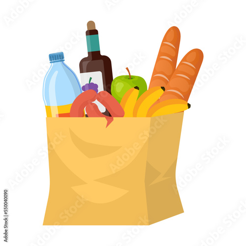 Paper bag with sausages, bread, bottle of wine and fruits. Shopping paper bag and basket with products. Cartoon vector illustration