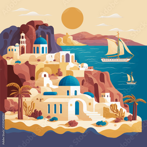 Santorini Greece Aegean Hotel View Vacation Travel Tour Landmark Flat Vector
