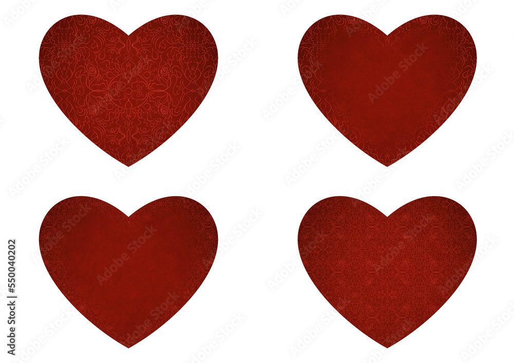 Set of 4 heart shaped valentine's cards. 2 with pattern, 2 with copy space. Deep red background and bright red pattern on it. Cloth texture. Hearts size about 8x7 inch / 21x18 cm (p07-1bc)