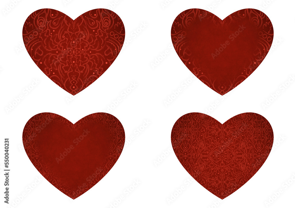 Set of 4 heart shaped valentine's cards. 2 with pattern, 2 with copy space. Deep red background and bright red pattern on it. Cloth texture. Hearts size about 8x7 inch / 21x18 cm (p07-2ab)
