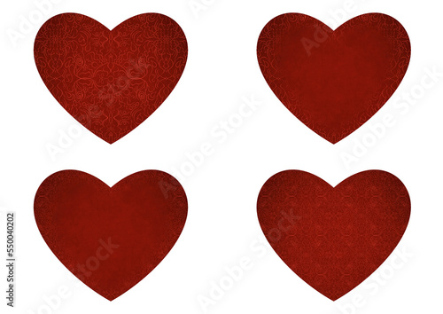 Set of 4 heart shaped valentine's cards. 2 with pattern, 2 with copy space. Deep red background and bright red pattern on it. Cloth texture. Hearts size about 8x7 inch / 21x18 cm (p07-1bc)