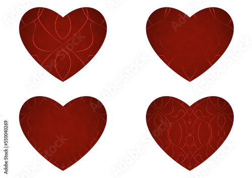 Set of 4 heart shaped valentine's cards. 2 with pattern, 2 with copy space. Deep red background and bright red pattern on it. Cloth texture. Hearts size about 8x7 inch / 21x18 cm (p08-1ab)