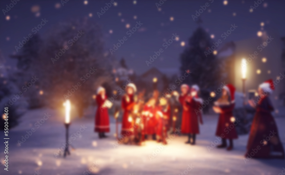 Christmas caroling or Carolers singing outside with snow.Angel group singing carol song on celebration of Christmas winter time.Angel sing to noel's children in the church light festival. blurred.	

