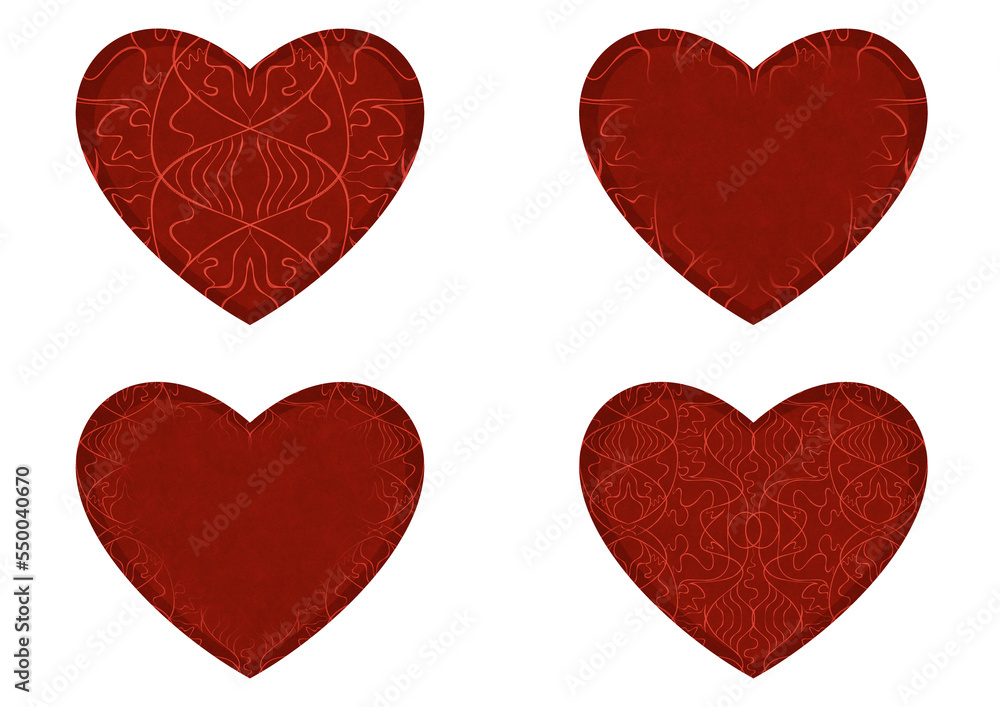 Set of 4 heart shaped valentine's cards. 2 with pattern, 2 with copy space. Deep red background and bright red pattern on it. Cloth texture. Hearts size about 8x7 inch / 21x18 cm (p02-1ab)