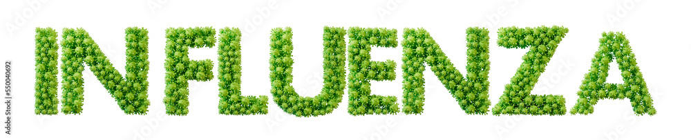 Influenza word made from green bacteria cell molecule font. Health and wellbeing. 3D Rendering Influenza word made from green bacteria cell molecule font. Health and wellbeing. 3D Rendering