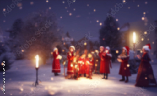 Christmas caroling or Carolers singing outside with snow.Angel group singing carol song on celebration of Christmas winter time.Angel sing to noel's children in the church light festival. blurred.	
 photo