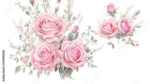 Floral illustration in Pastel colors, Bouquet of flowers red rose, Leaf and buds, leaves on white background.