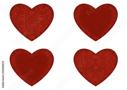 Set of 4 heart shaped valentine's cards. 2 with pattern, 2 with copy space. Deep red background and bright red pattern on it. Cloth texture. Hearts size about 8x7 inch / 21x18 cm (p01ab)