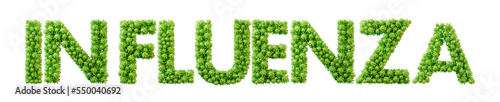 Influenza word made from green bacteria cell molecule font. Health and wellbeing. 3D Rendering