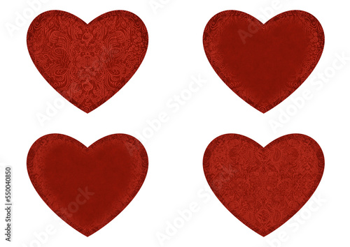 Set of 4 heart shaped valentine s cards. 2 with pattern  2 with copy space. Deep red background and bright red pattern on it. Cloth texture. Hearts size about 8x7 inch   21x18 cm  p04ab 