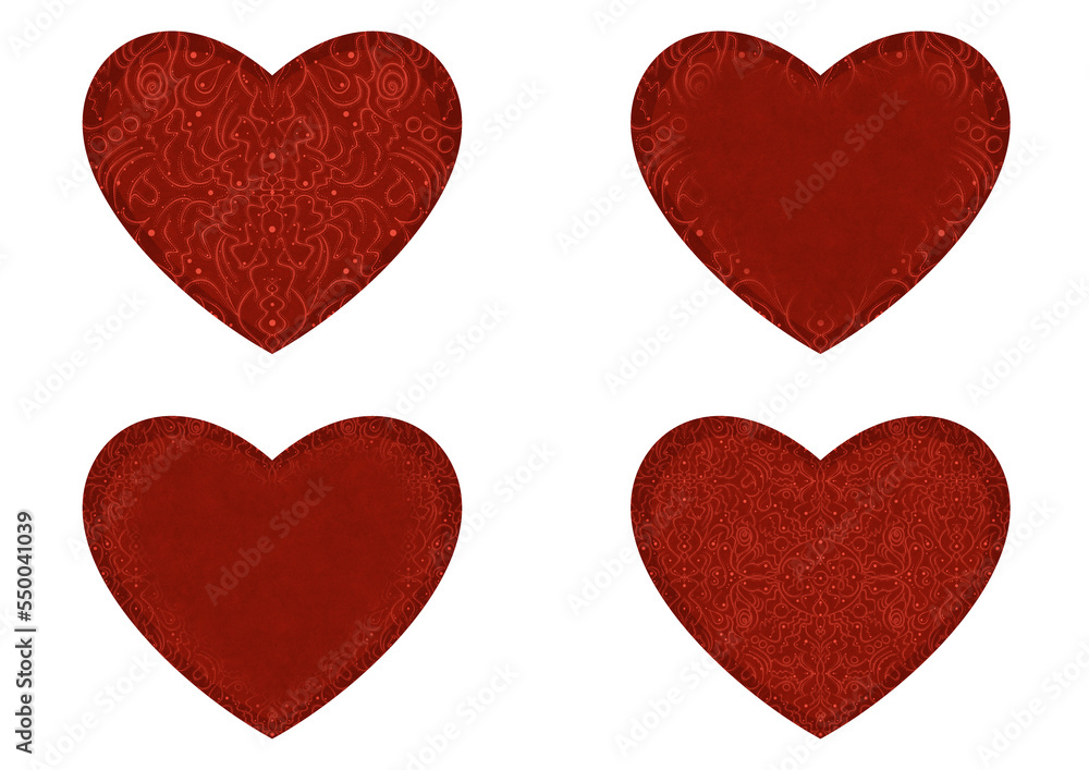 Set of 4 heart shaped valentine's cards. 2 with pattern, 2 with copy space. Deep red background and bright red pattern on it. Cloth texture. Hearts size about 8x7 inch / 21x18 cm (p07-2ab)