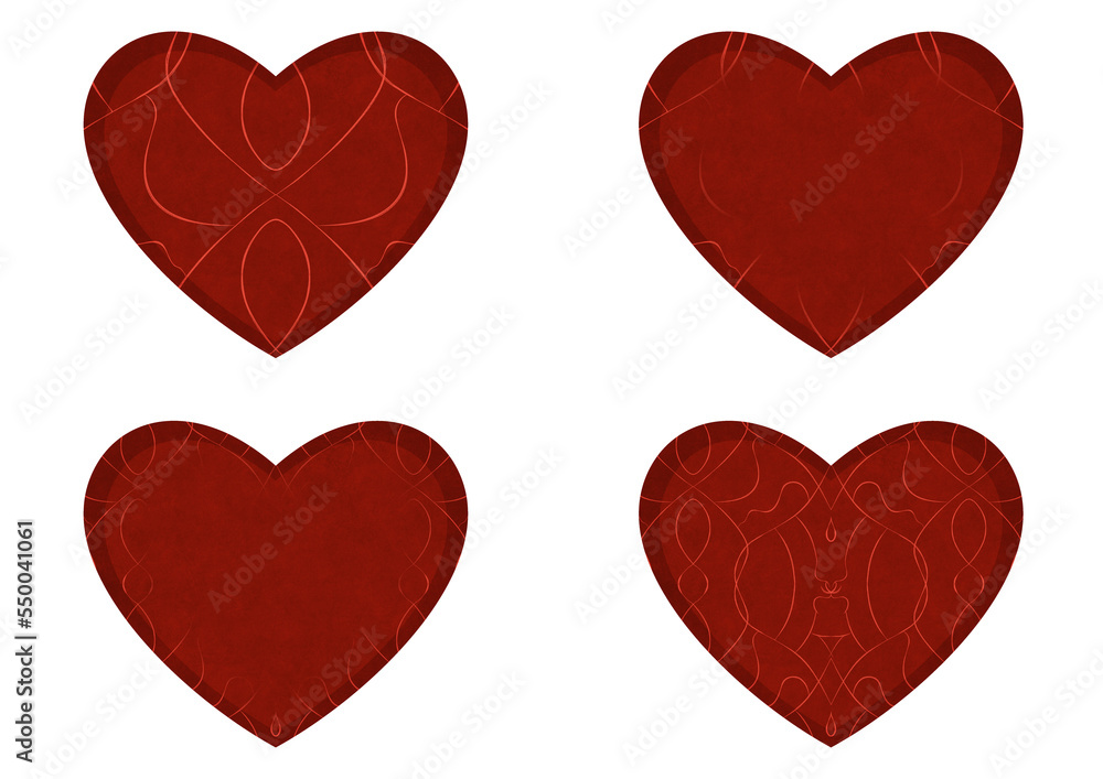 Set of 4 heart shaped valentine's cards. 2 with pattern, 2 with copy space. Deep red background and bright red pattern on it. Cloth texture. Hearts size about 8x7 inch / 21x18 cm (p08-1ab)