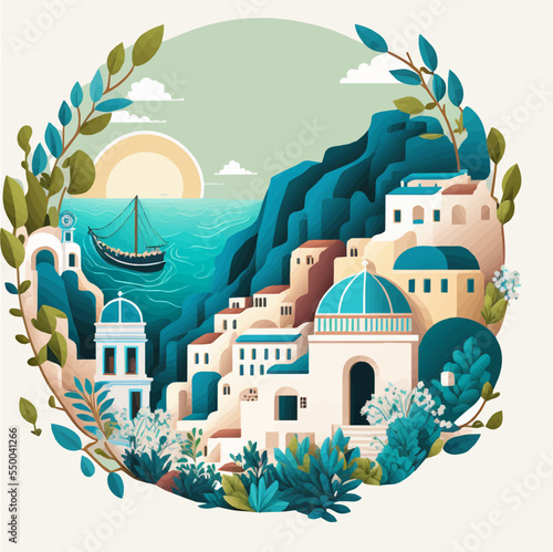 Santorini Greece Aegean Hotel View Vacation Travel Tour Landmark Flat Vector