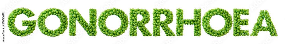 Gonorrhoea word made from green bacteria cell molecule font. Health and wellbeing. 3D Rendering Gonorrhoea word made from green bacteria cell molecule font. Health and wellbeing. 3D Rendering