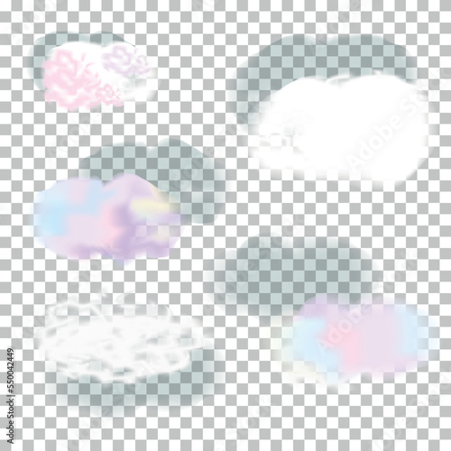 Pink, blue, purple and white clouds isolated on a transparent background. 3D realistic set of clouds. Vector illustration.