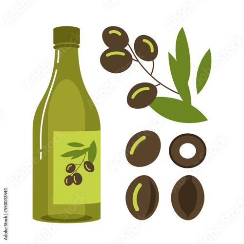 Olives and bottle of cooking oils vector illustrations set. Collection of cartoon drawings of olive oil elements isolated on white background. Culinary, cooking, recipe, food concept