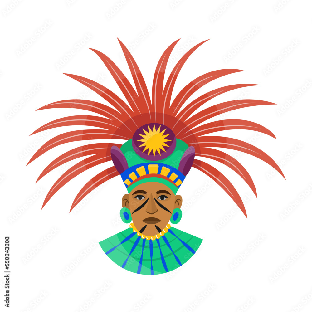 Maya element cartoon vector illustration. Icon of Shaman in a ritual headdress with feathers. Ethnic culture, Mexico art, Inca idol, Chichen Itza artifact concept