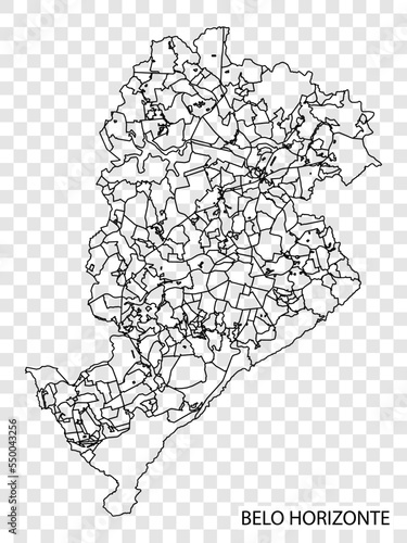 High Quality map of Belo Horizonte is a city  Brazil, with borders of the regions. Map of Belo Horizonte for your web site design, app, UI. EPS10.