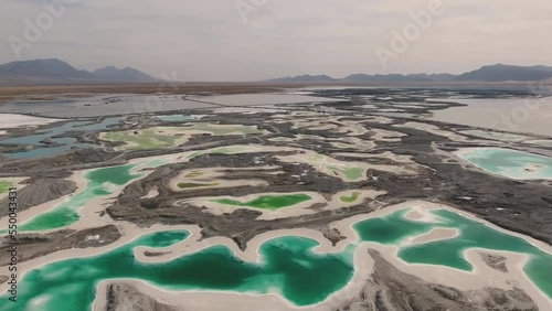 Aerial view of the Great Chaidan Emerald Lake, a salt lake located within the Chaidamu basin in Qinghai Province, China. photo