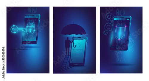 A key with a lock, a man with an umbrella and a shield in the phone. A set of templates for a vertical banner or cover on the topic of cybersecurity.