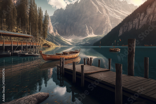 AI generated image of Braies Lake with Seekofel mount on background in Italy