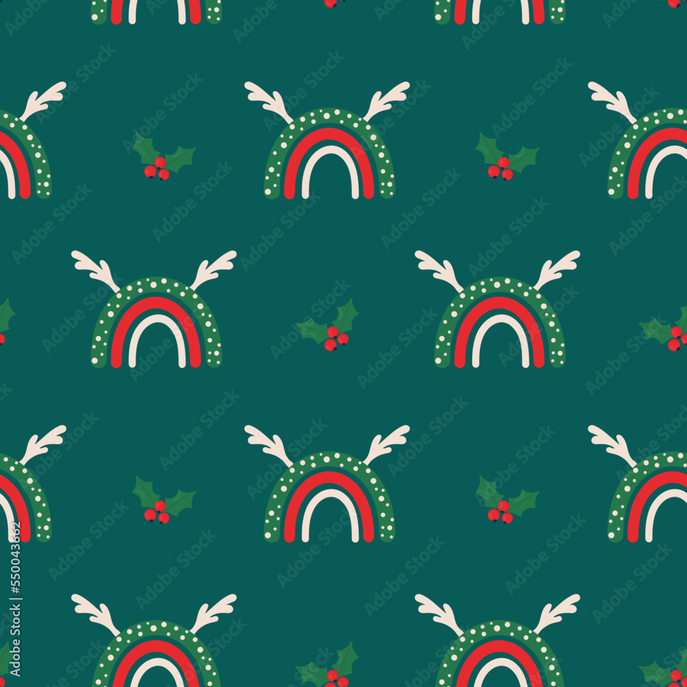 Seamless christmas pattern. Background with rainbow, mistletoe. Perfect for wrapping paper, greeting cards, textile Seamless christmas pattern. Background with rainbow, mistletoe. Perfect for wrapping paper, greeting cards, textile