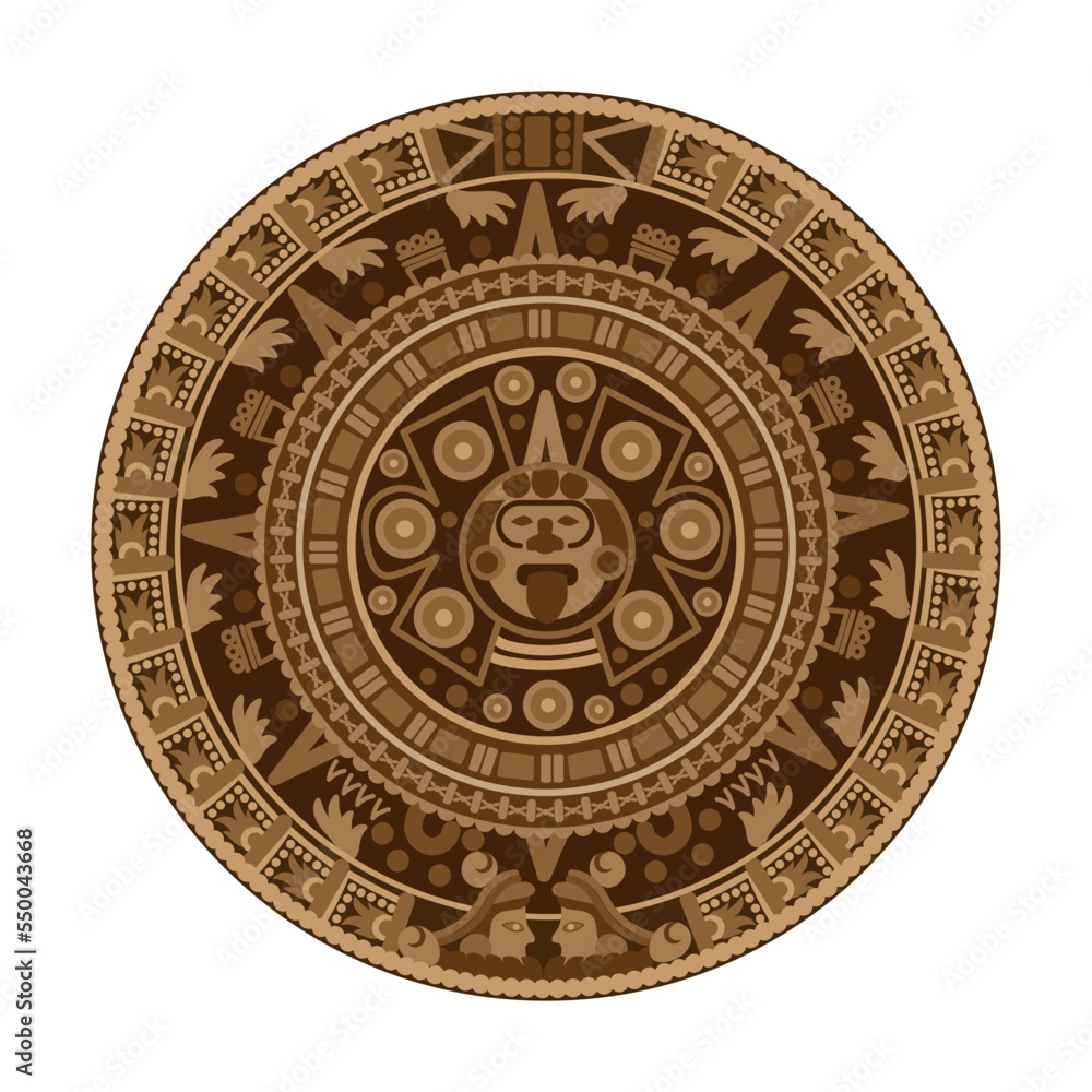 Maya element cartoon vector illustration. Icon of ancient round ritual stone shield. Ethnic culture, Mexico art, Inca idol, Chichen Itza artifact concept