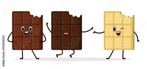 Happy chocolate bar cartoon characters vector illustrations set. Comic milk, dark and white chocolate smiling, standing and jumping isolated on white background. Desserts, food concept