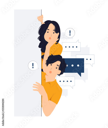 Shocked Man and Woman hiding behind a wall while peeking with curiosity, Surprising discovery concept illustration