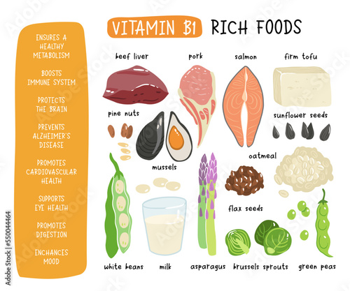 Collection of vitamin B1 sources. Food containing thiamin. Tofu, oatmeal, liver, pork, beans, peas, mussels, salmon, asparagus, flax seeds, brussels sprouts. Dietetic products, organic nutrition.