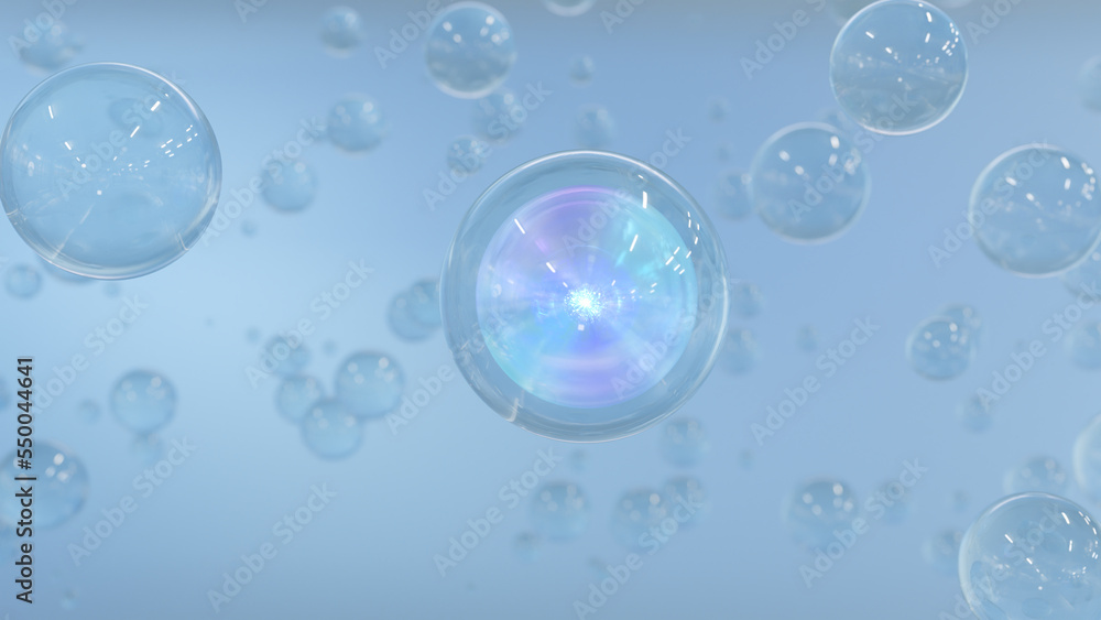 cosmetic Bubbles of serum on a blurry background. Design for collagen bubbles. Ideas for Moisturizing Cream and Serum. Vitamin for personal care and beauty concept. a 3D rendering