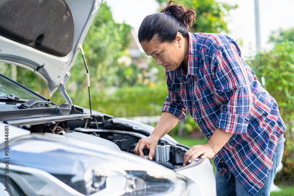 Open hood mechanic engine system to check and repair damage car crash. Open hood mechanic engine system to check and repair damage car crash.