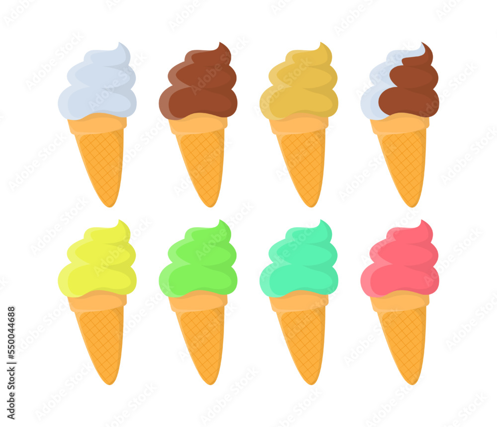 Ice cream wafer cones vector illustrations set. Collection of cartoon