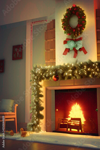 house with fireplace and Christmas decorations © antonio