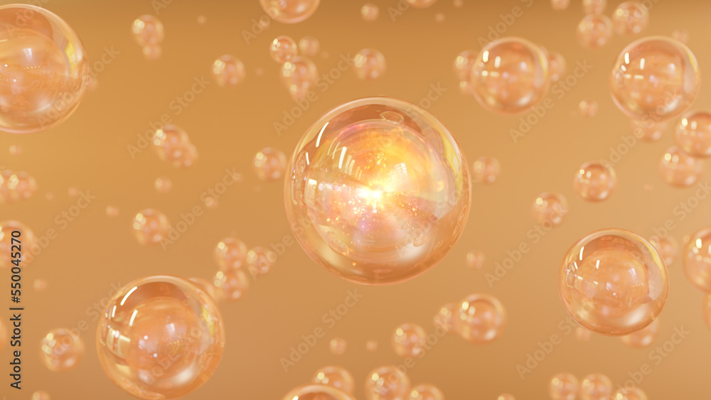 3D rendering Cosmetics Golden Serum bubbles on defocus background. Collagen bubbles Design. Moisturizing Cream and Serum Concept. Vitamin for personal care and beauty concept. 