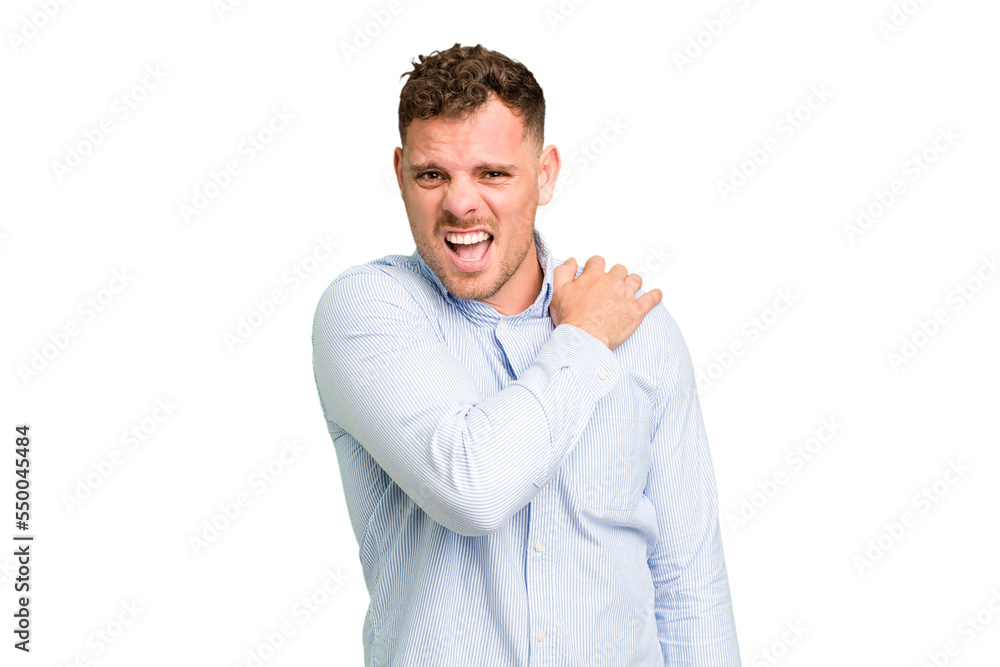 Young caucasian handsome man isolated having a shoulder pain. Young caucasian handsome man isolated having a shoulder pain.