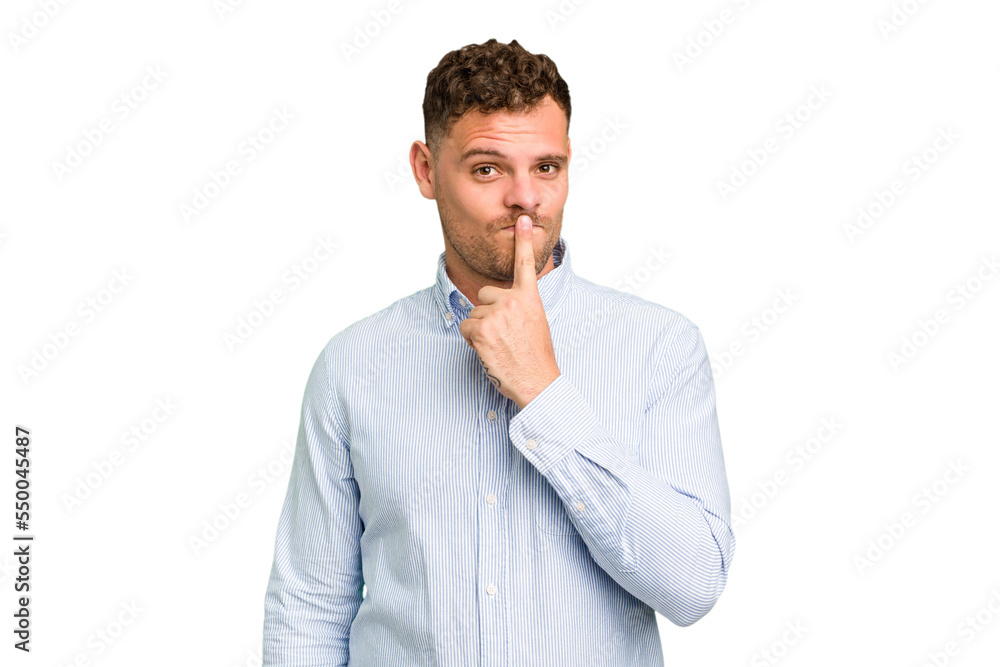 Young caucasian handsome man isolated thinking and looking up, being reflective, contemplating, having a fantasy.