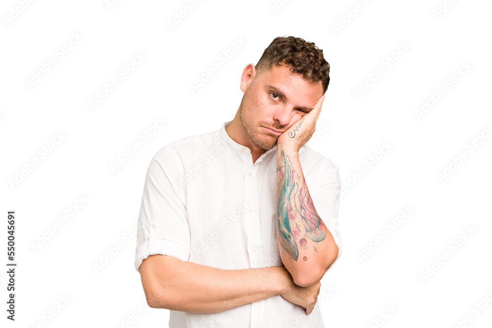 Young caucasian handsome man isolated who is bored, fatigued and need a relax day. Young caucasian handsome man isolated who is bored, fatigued and need a relax day.