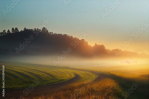 Winding Farm Road through Foggy Landscape - fields, meadow, sun during sunrise © surassawadee